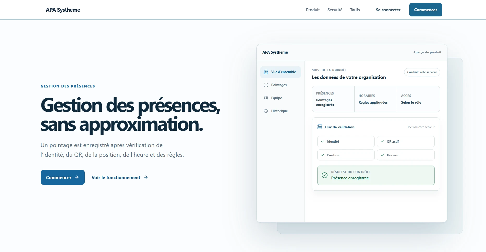Page d’accueil d’APA Systheme : « Gestion des présences, sans approximation. »