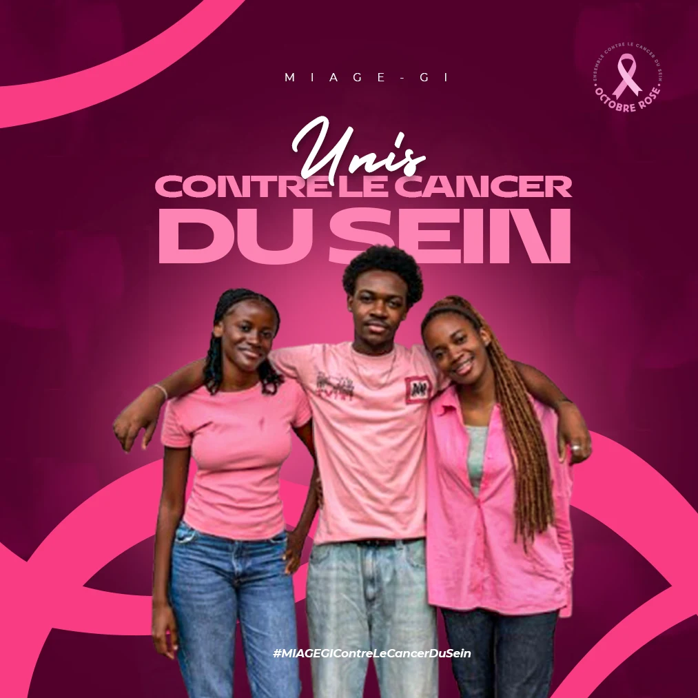 Affiche Octobre Rose MIAGE-GI : « Unis contre le cancer du sein », trois étudiants en rose
